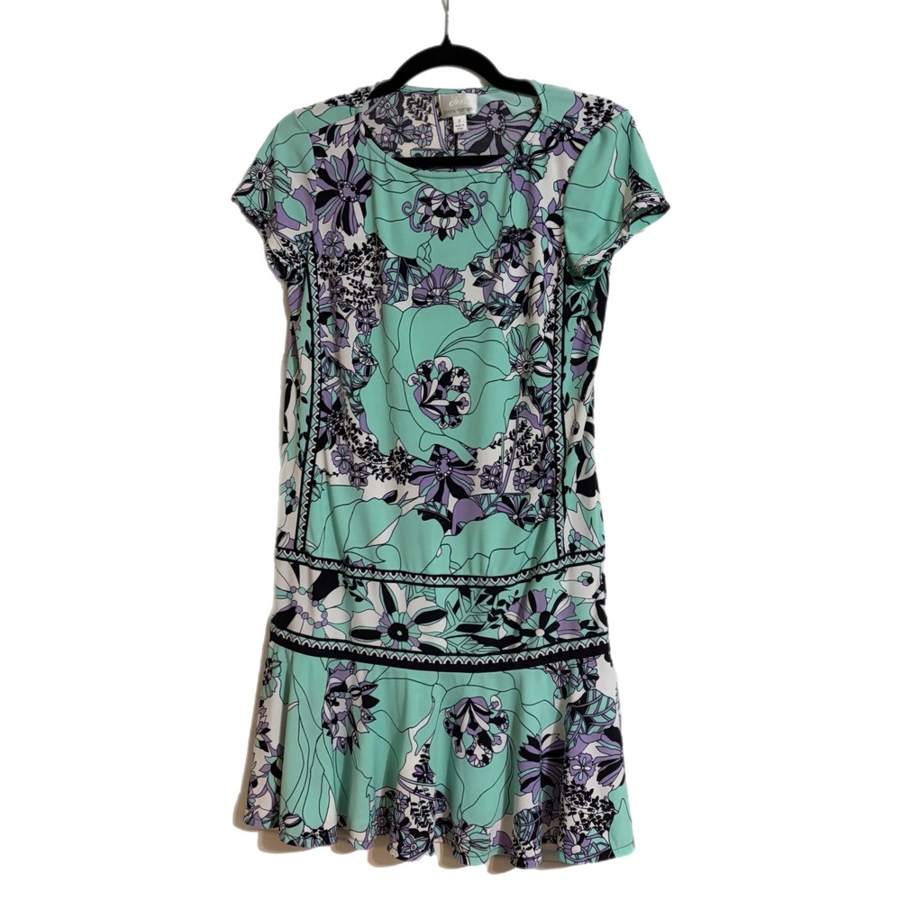 Donna Morgan Dress Womens 6 Mint Green Purple Floral Drop Waist Cap Slv